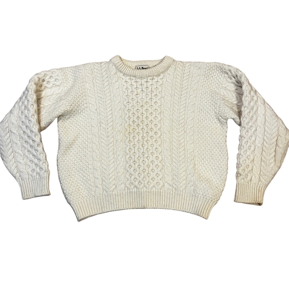 LL Bean Vintage 90s Fisherman Sweater Womens M Cream Cable Knit Wool Ireland